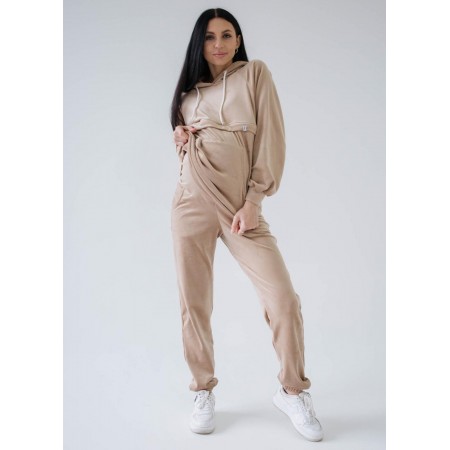 Спортивный велюровый костюм для беременных и кормящих мам с секретом для кормления Беж